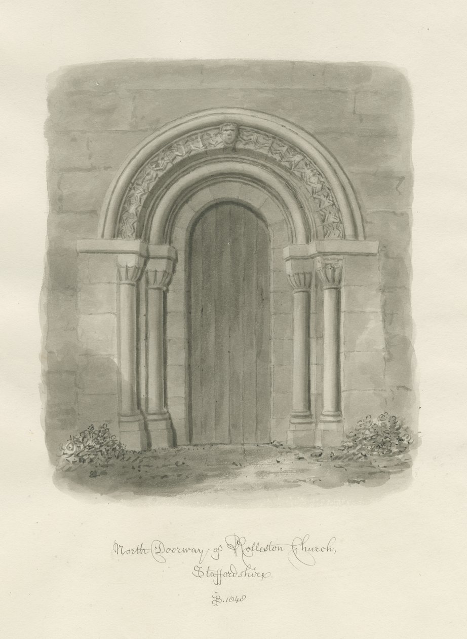 Rolleston Church - North Doorway: rysunek w sepii autorstwa John Buckler