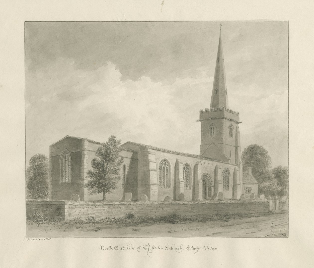 Kościół Rolleston: rysunek w sepii, 1848 autorstwa John Buckler