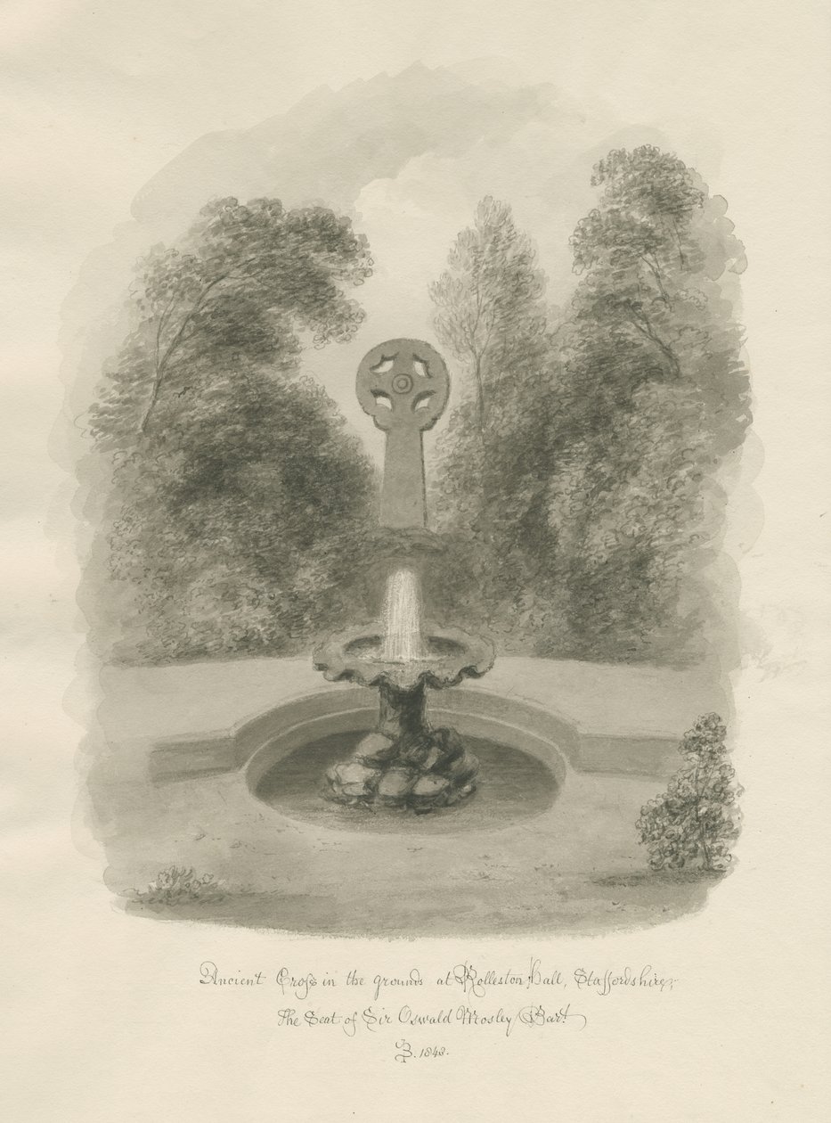 Rolleston Hall - Antyczny krzyż: rysunek w sepii, 1848 autorstwa John Buckler