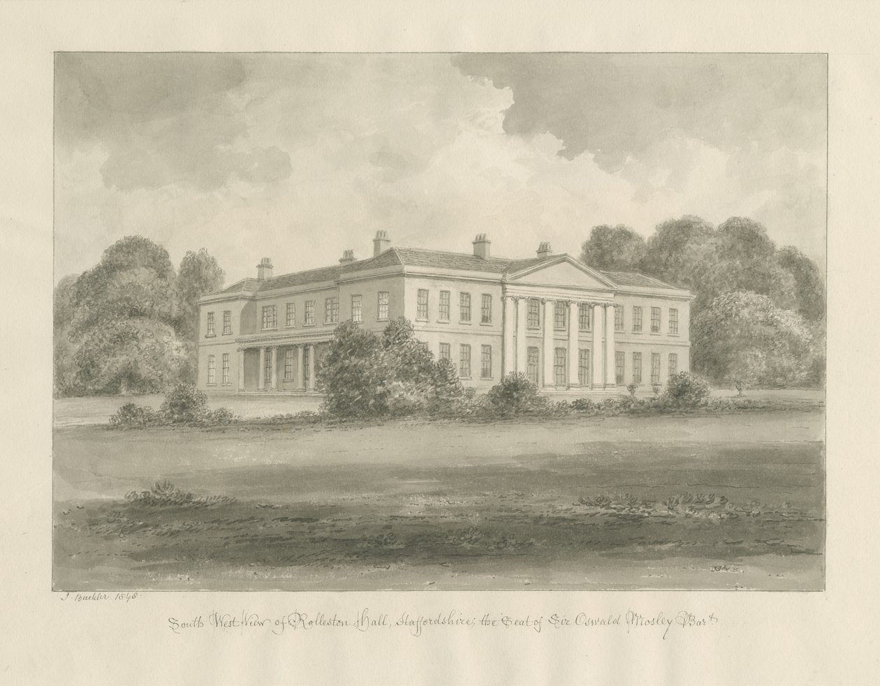 Rolleston Hall: rysunek w sepii autorstwa John Buckler