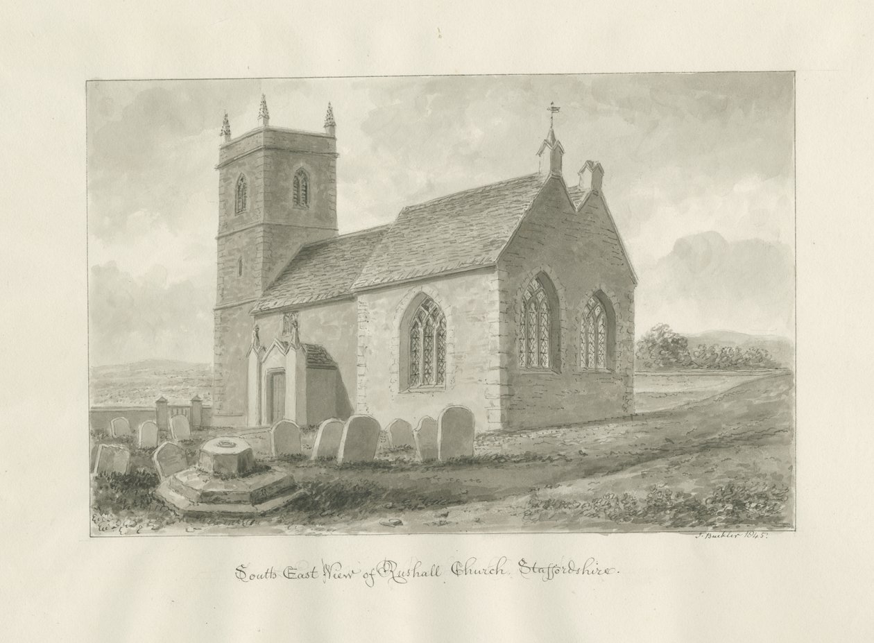 Kościół Rushalla: rysunek w sepii, 1845 autorstwa John Buckler