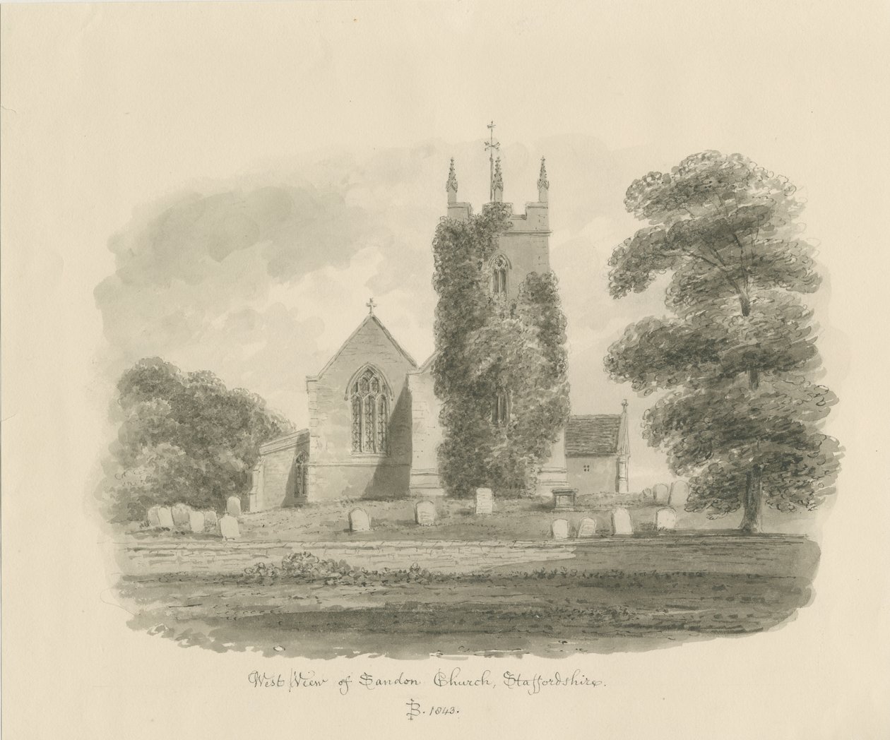 Kościół Sandon: rysunek w sepii, 1843 autorstwa John Buckler
