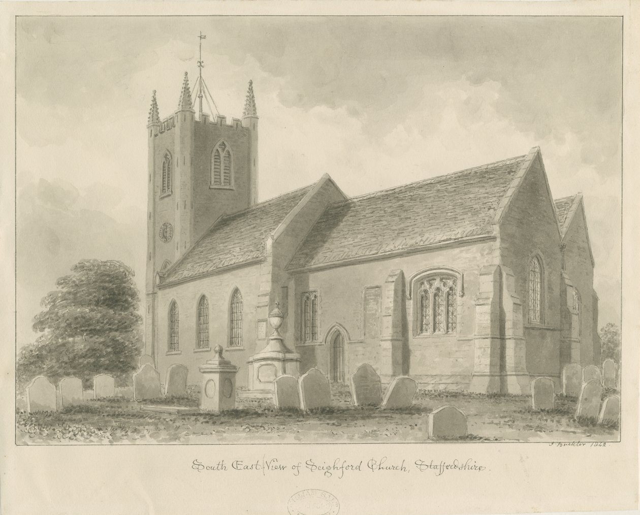 Kościół Seighford: rysunek w odcieniu sepii, 1842 autorstwa John Buckler