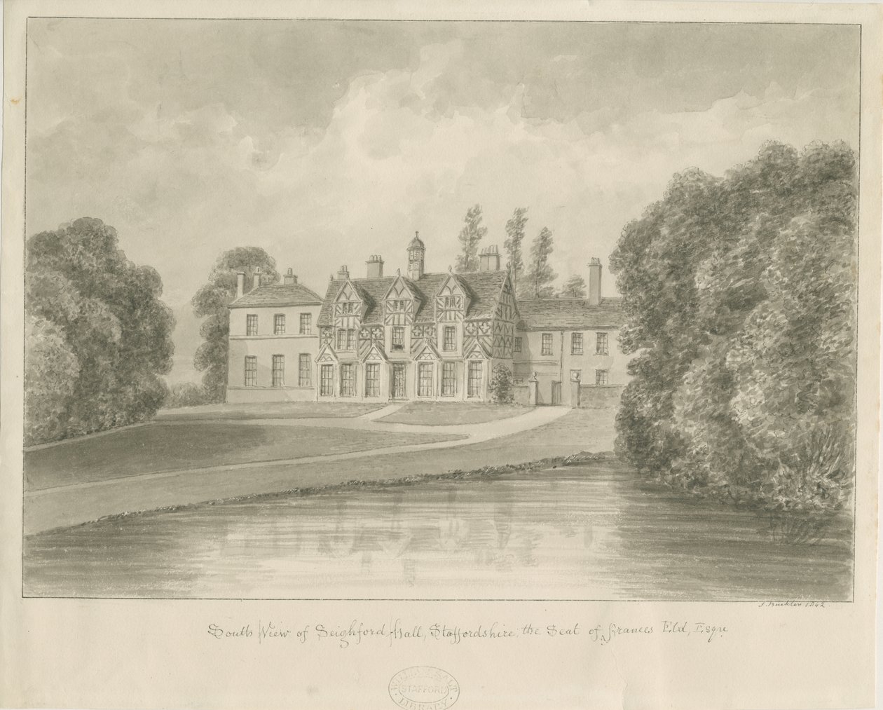 Seighford Hall: rysunek w sepii autorstwa John Buckler