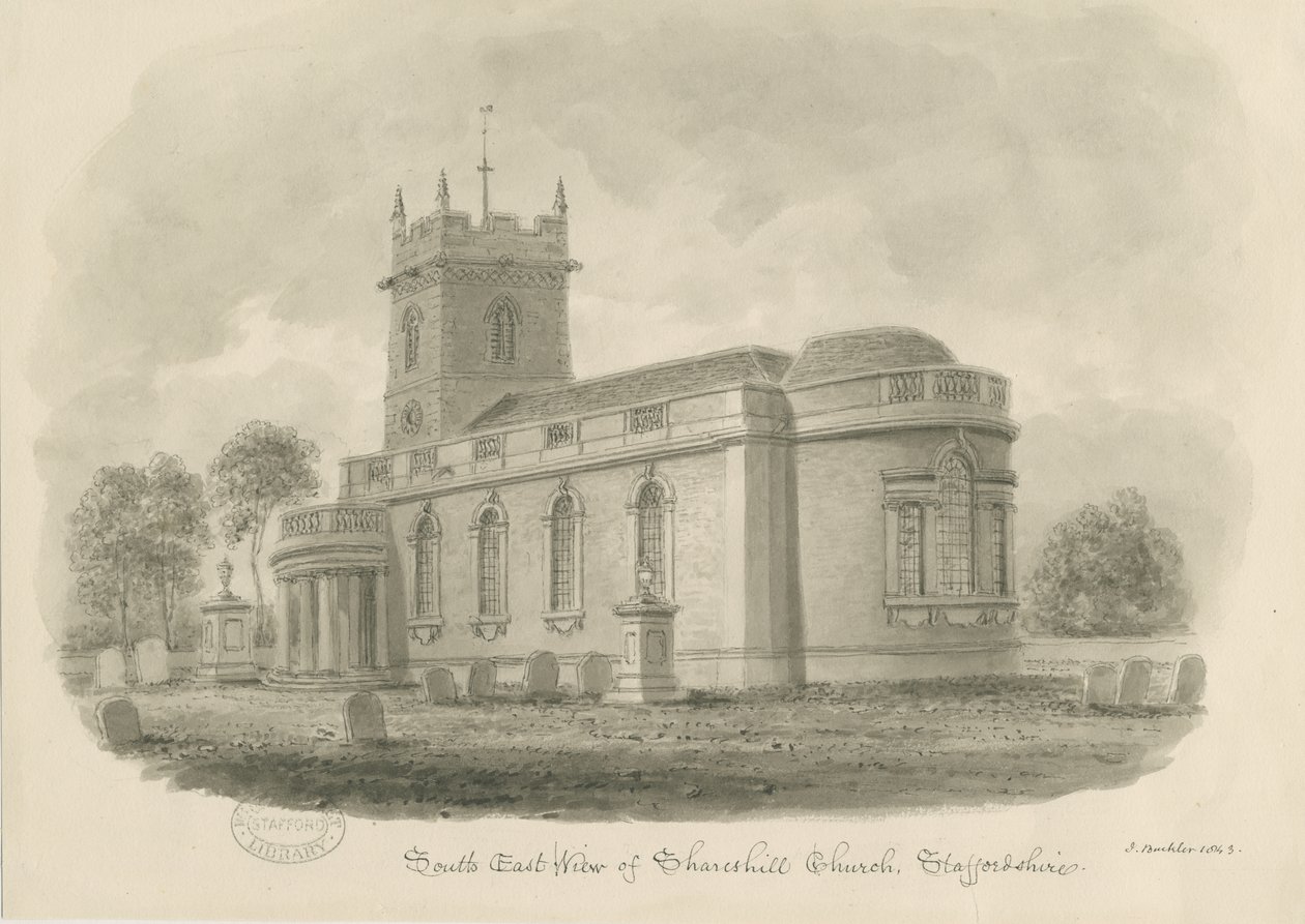 Kościół Shareshill: rysunek w sepii, 1843 autorstwa John Buckler