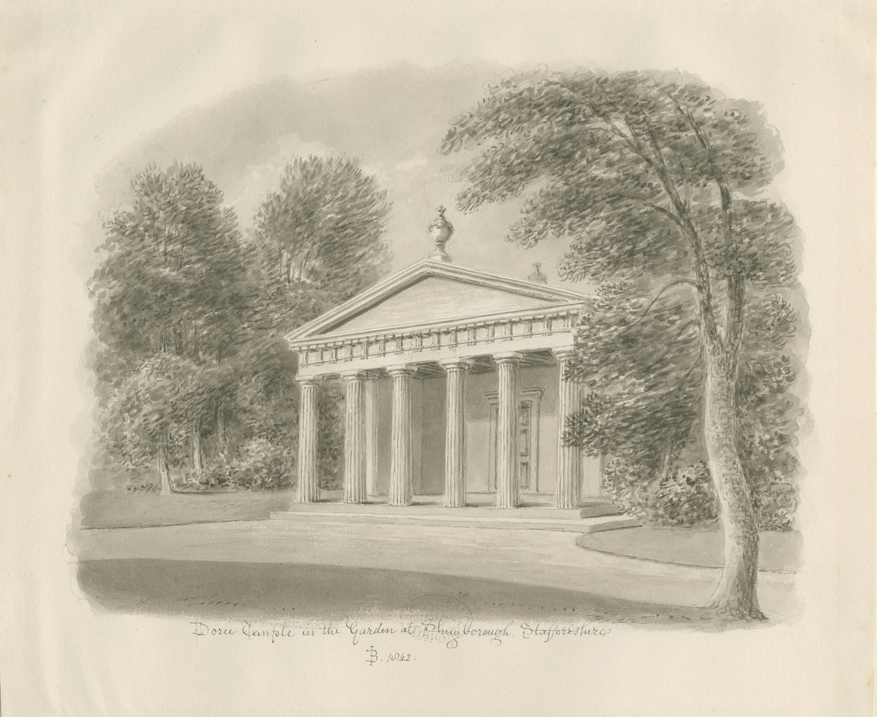 Shugborough - Świątynia Dorycka: rysunek w sepii, 1842 autorstwa John Buckler