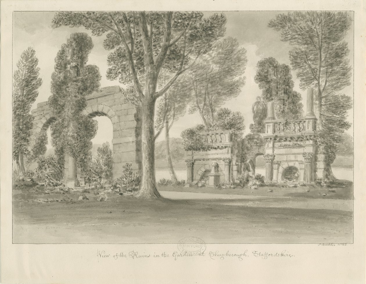 Shugborough – Ruins in Garden: rysunek w sepii autorstwa John Buckler