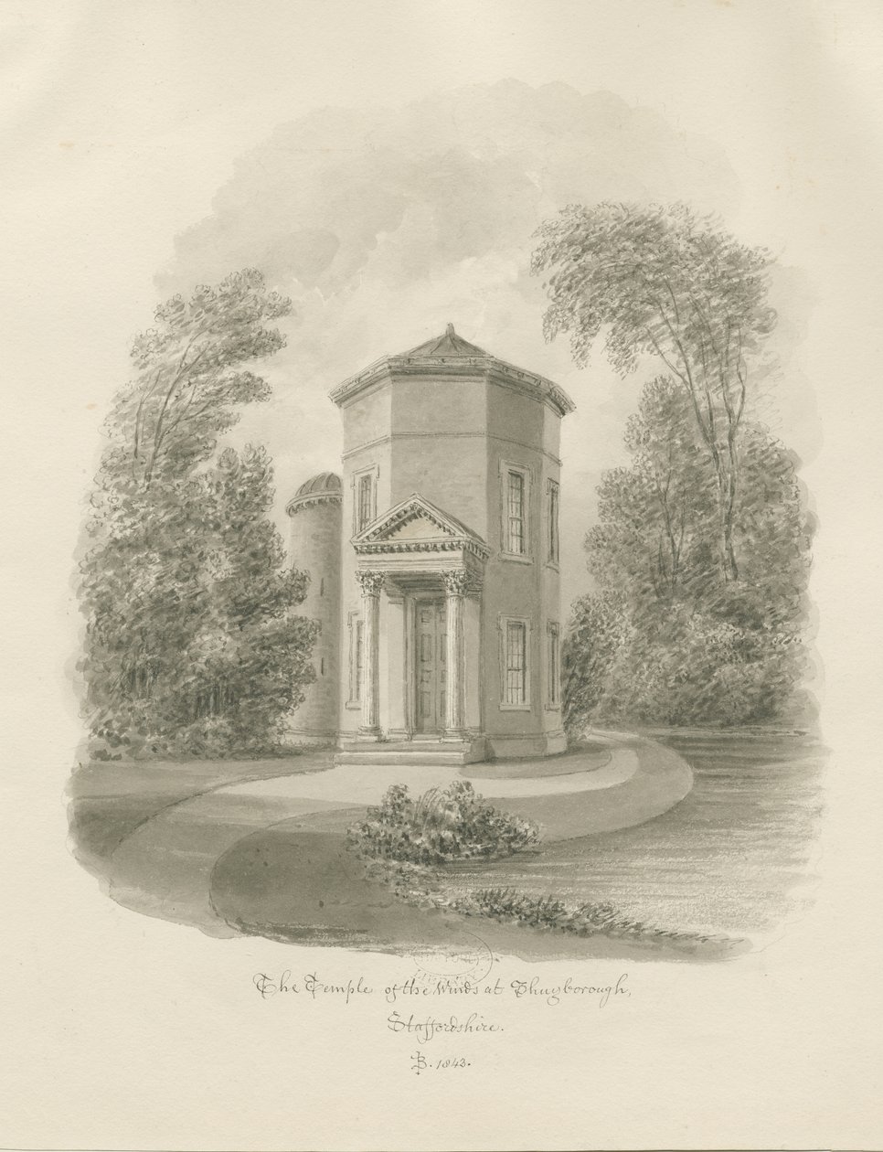 Shugborough - Świątynia Wiatrów: rysunek w sepii, 1843 autorstwa John Buckler