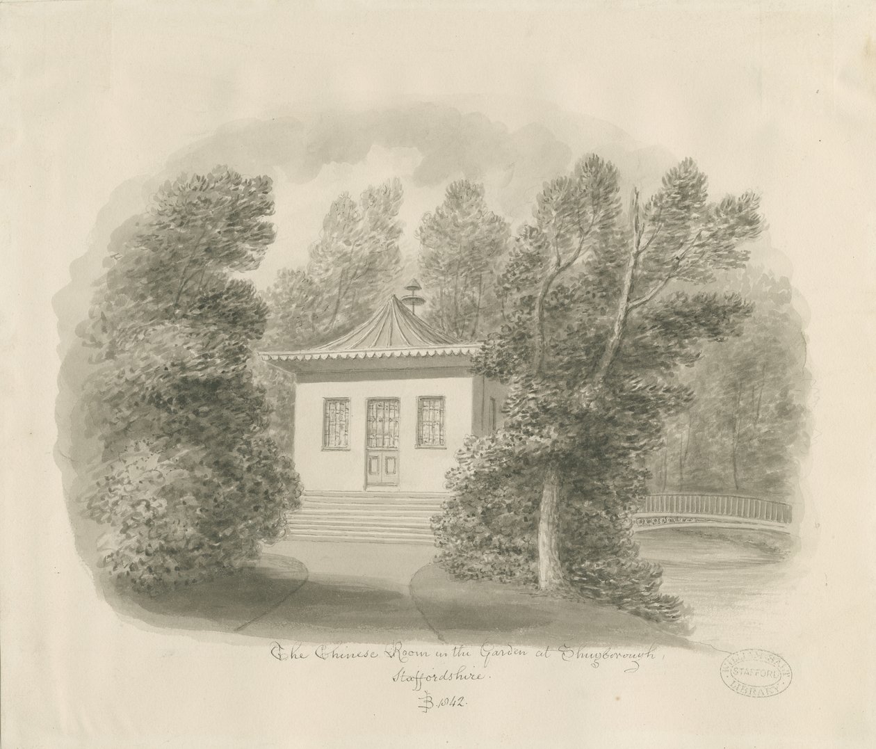 Shugborough - The Chinese Room: rysunek w sepii autorstwa John Buckler