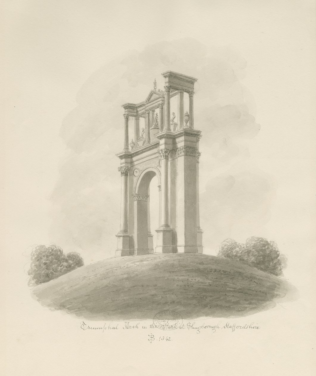 Shugborough - Łuk Triumfalny: rysunek w sepii autorstwa John Buckler