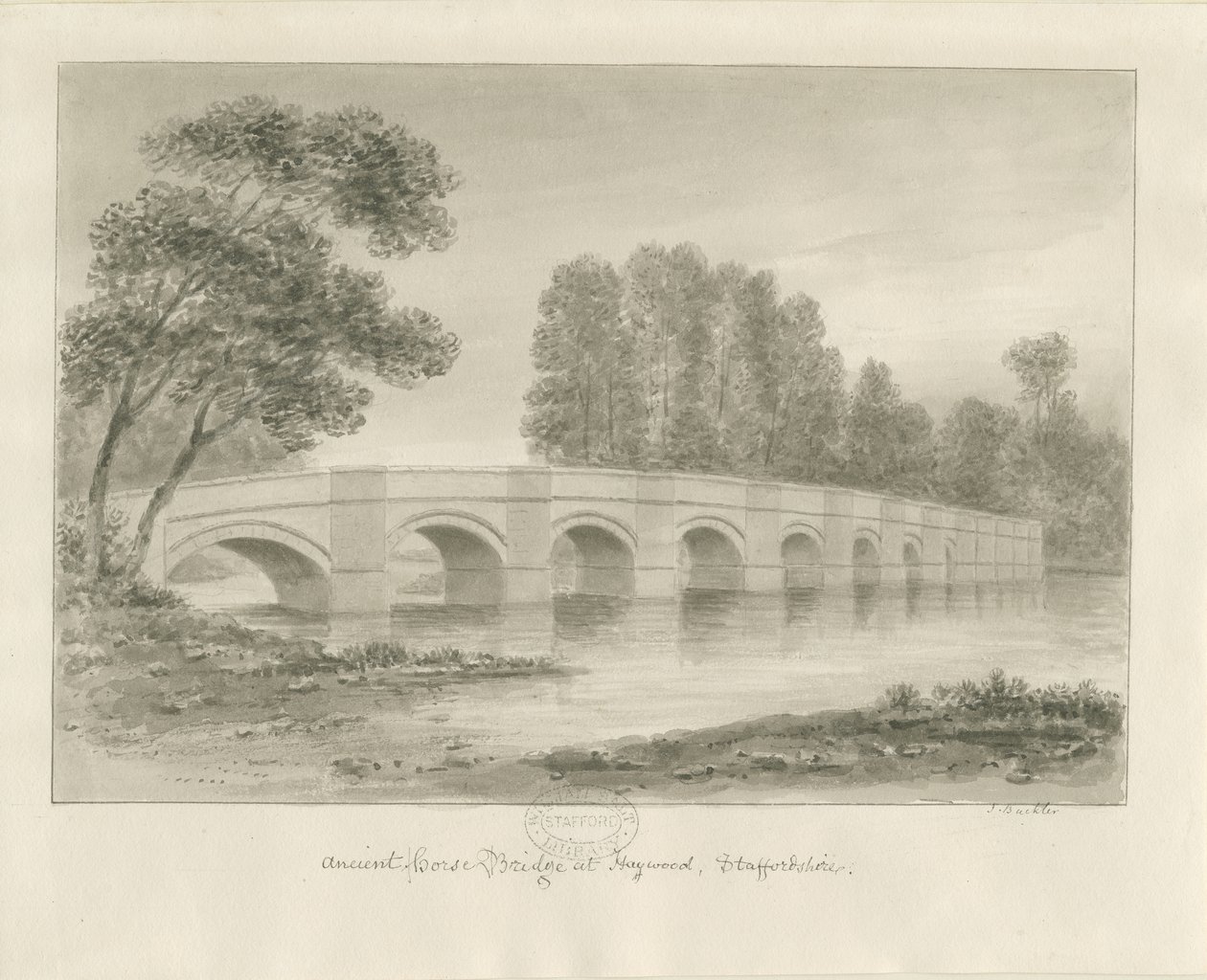 Shugborough Bridge: rysunek w sepii, nd [?1840s] autorstwa John Buckler