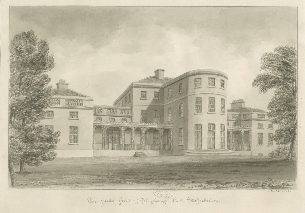 Shugborough Hall - Front ogrodu: rysunek w sepii, 1842 autorstwa John Buckler