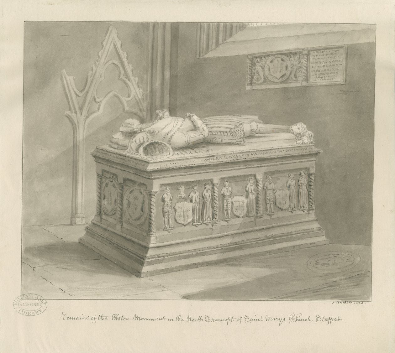 Stafford - Aston Monument w kościele Mariackim: rysunek w sepii autorstwa John Buckler