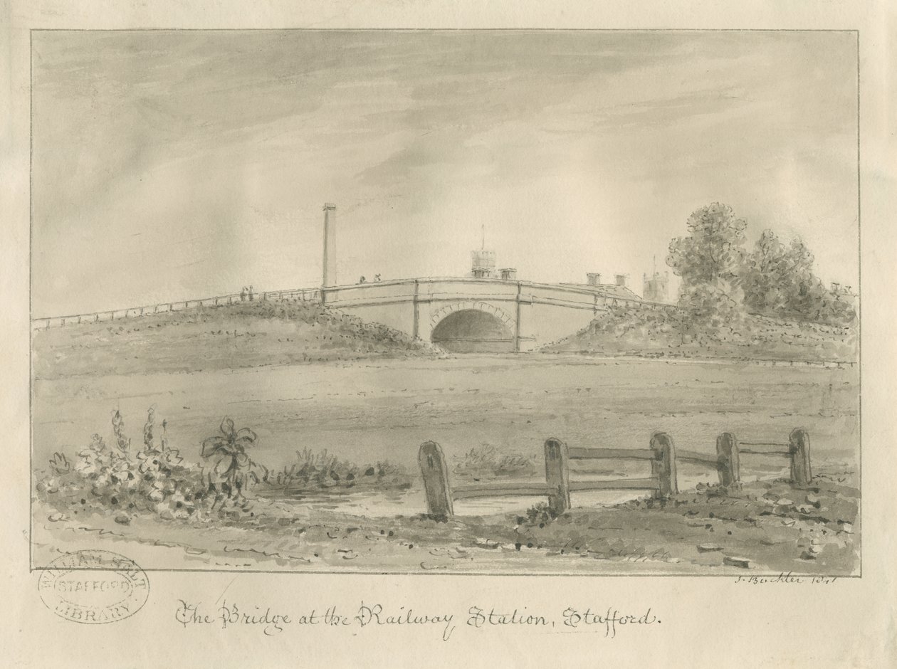 Stafford - Most na dworcu kolejowym: rysunek w sepii, 1841 autorstwa John Buckler
