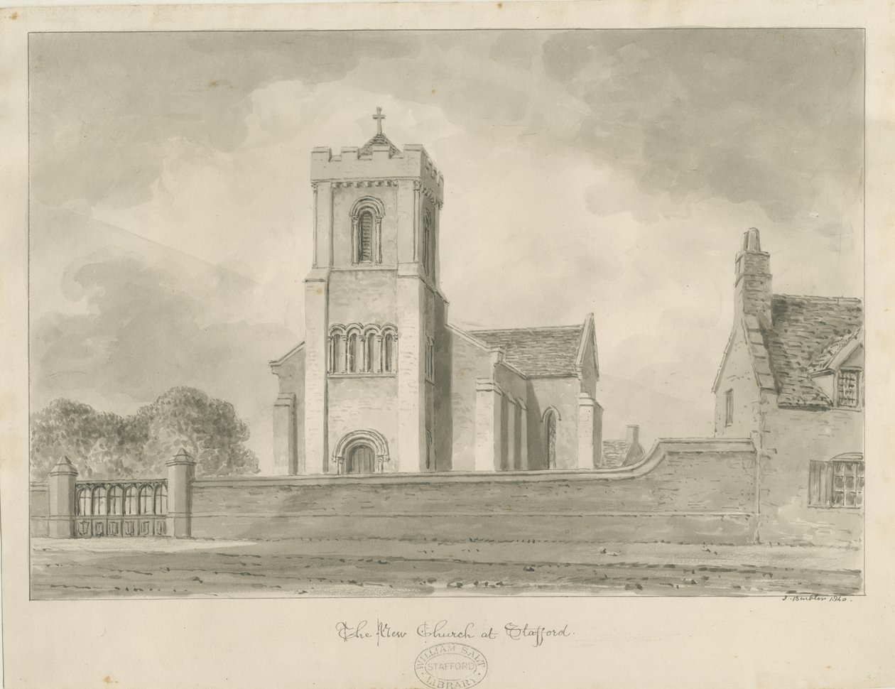 Stafford - Christ Church: rysunek w sepii, 1840 autorstwa John Buckler