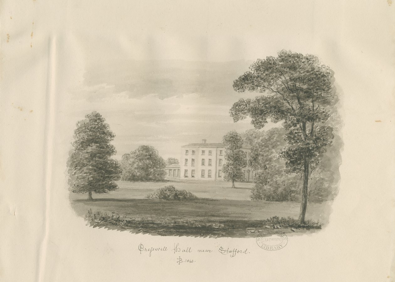 Stafford - Cresswell Hall: rysunek w sepii autorstwa John Buckler
