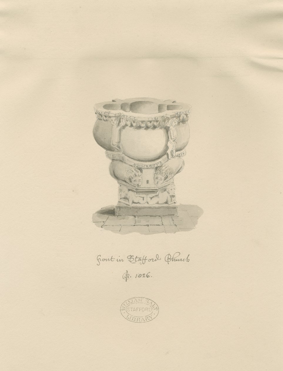 Stafford - Czcionka w kościele Mariackim: rysunek w sepii, 1826 r. autorstwa John Buckler