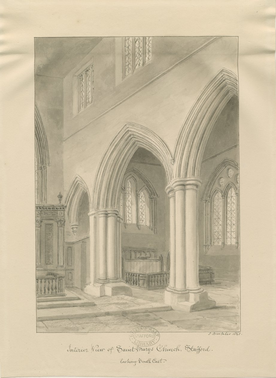 Stafford - Wnętrze kościoła Mariackiego: rysunek w sepii, 1841 r. autorstwa John Buckler