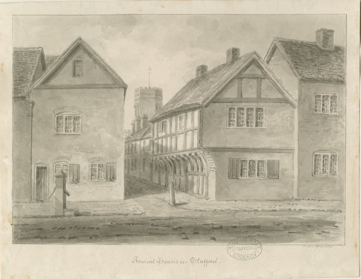 Stafford - Little Church Lane: rysunek w sepii, 1841 autorstwa John Buckler