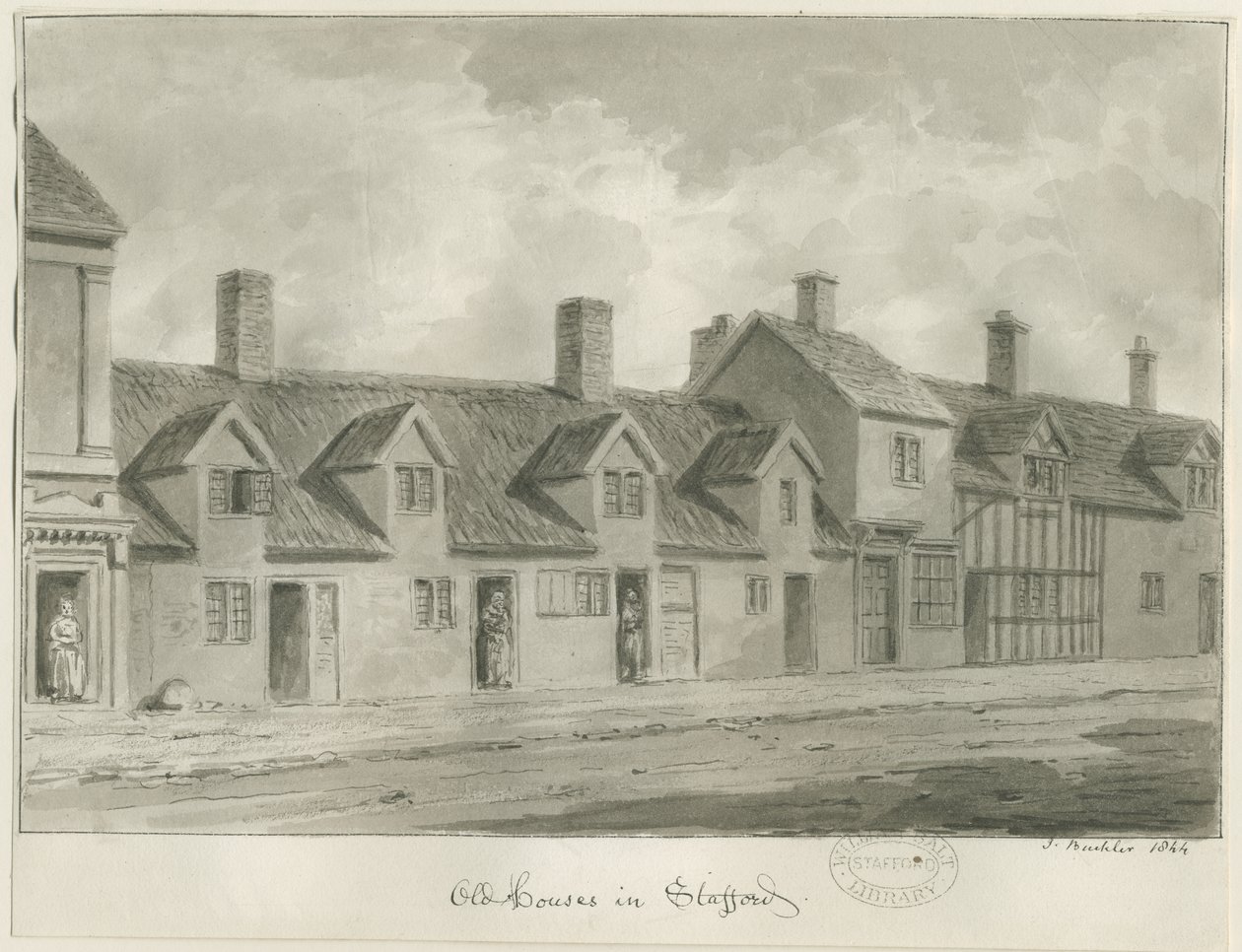 Stafford - Stare domy [przy Eastgate Street]: rysunek w sepii, 1844 autorstwa John Buckler