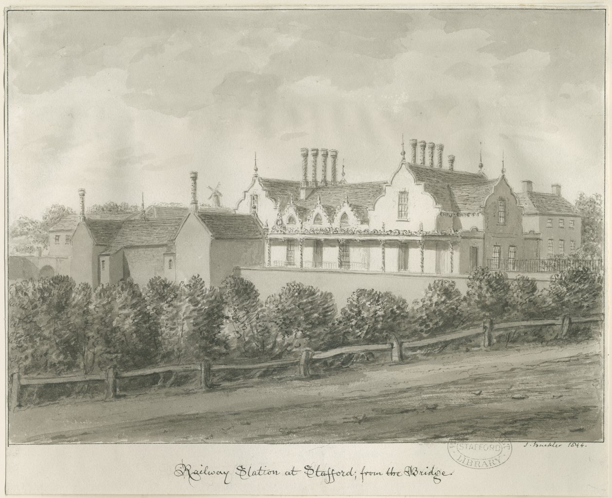 Stafford - Dworzec kolejowy: rysunek w sepii, 1844 autorstwa John Buckler