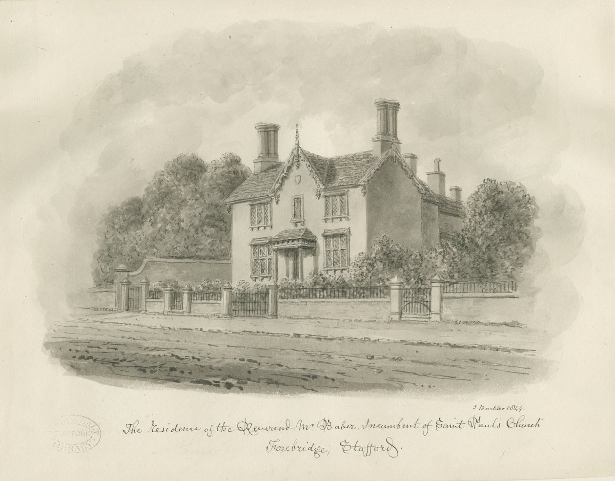 Stafford - Rezydencja wielebnego Babera: rysunek w sepii, 1844 autorstwa John Buckler