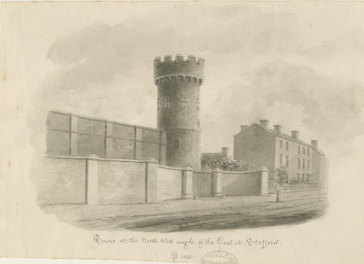 Stafford – Okrągła wieża więzienia: rysunek w sepii, 1843 autorstwa John Buckler