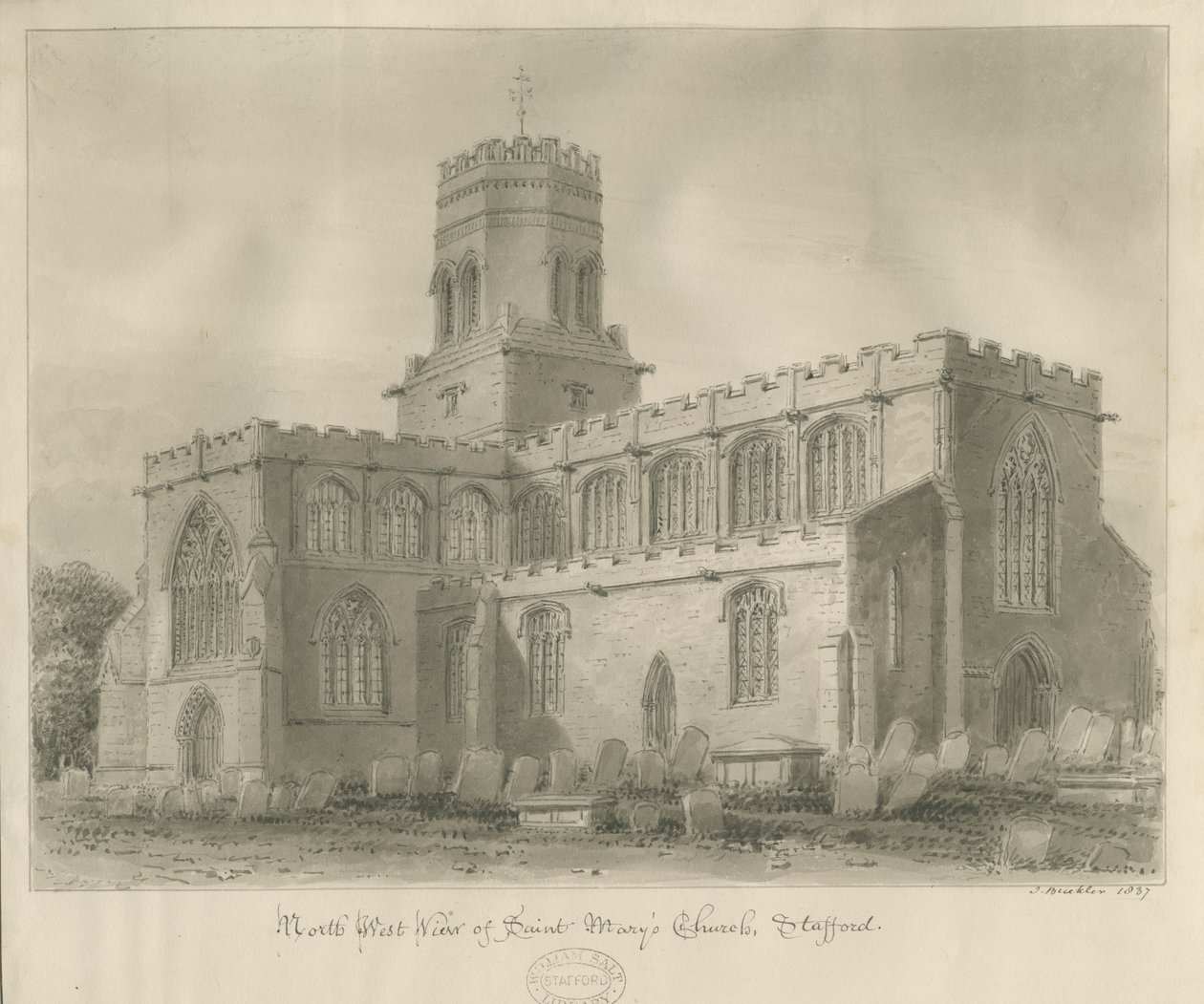 Stafford - Kościół Mariacki: rysunek w sepii, 1837 autorstwa John Buckler