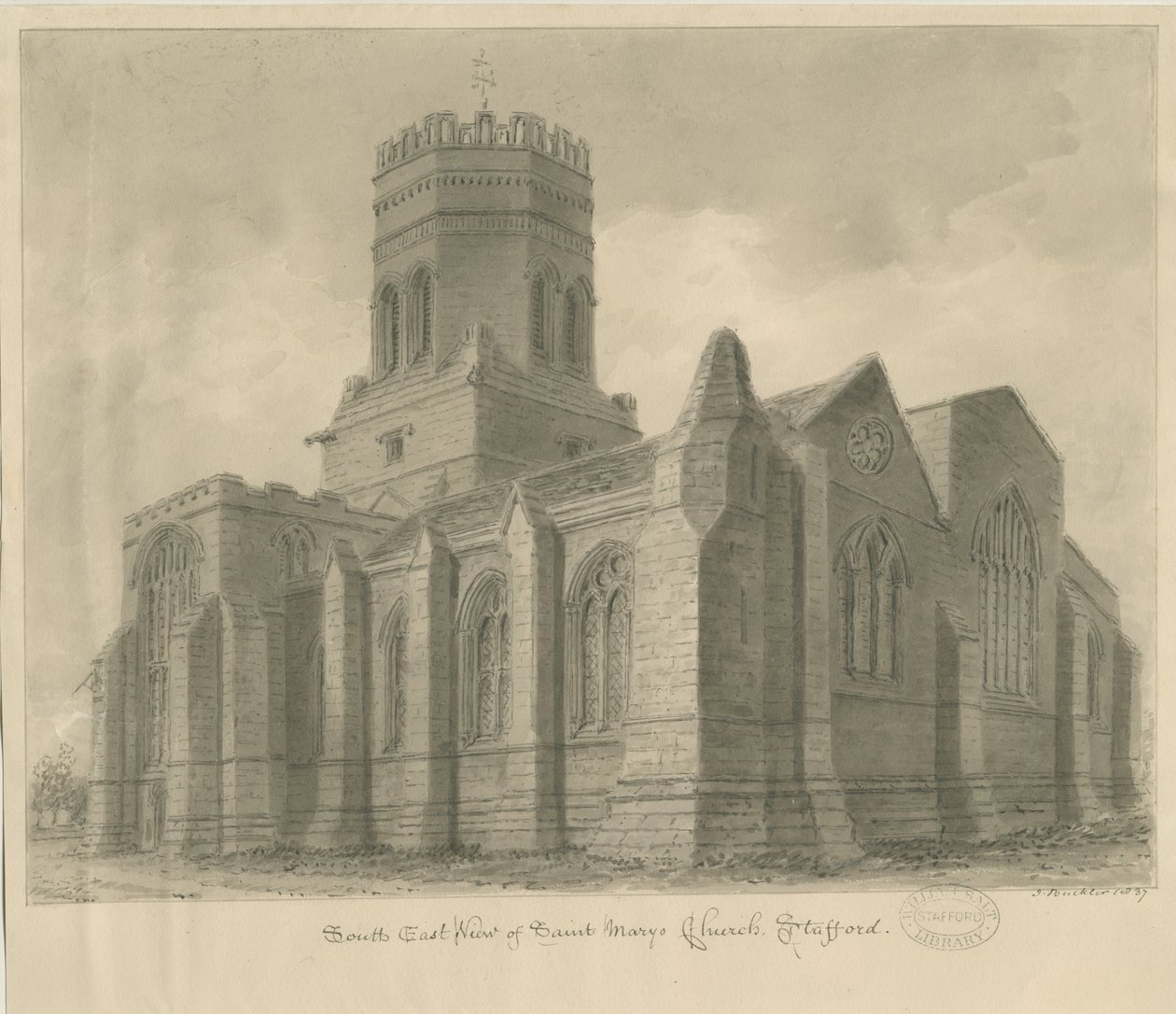 Stafford - Kościół Mariacki: rysunek w sepii, 1837 autorstwa John Buckler