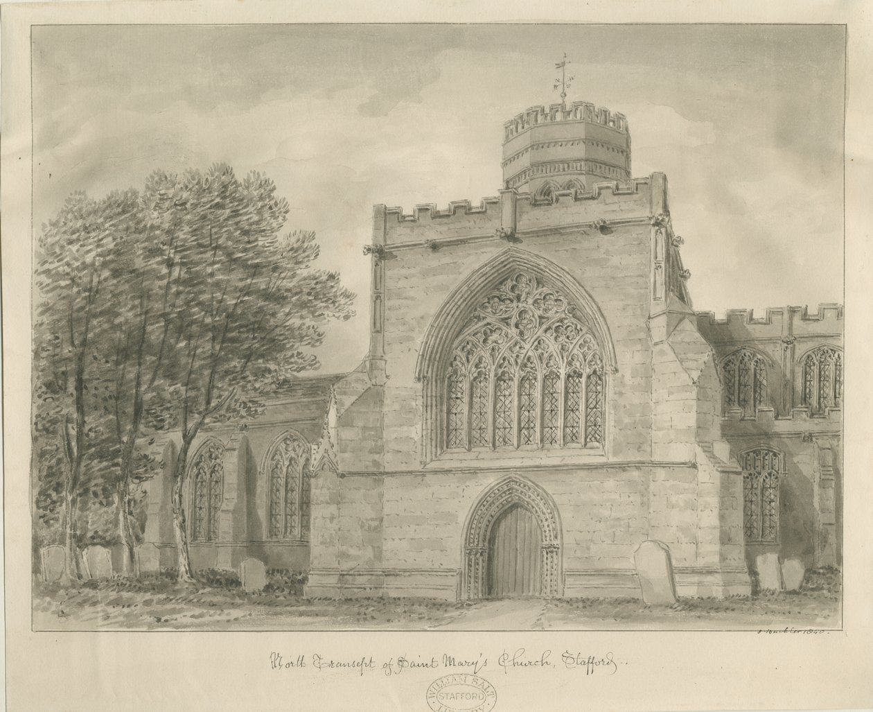 Stafford - Kościół Mariacki: rysunek w sepii, 1840 autorstwa John Buckler