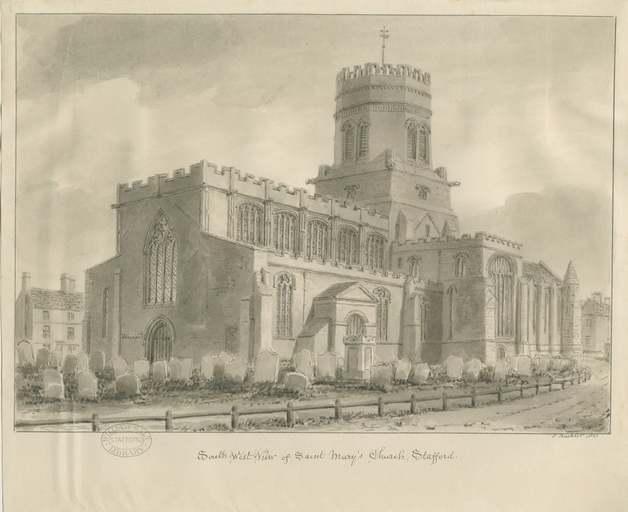 Stafford - Kościół Mariacki: rysunek w sepii, 1841 r. autorstwa John Buckler