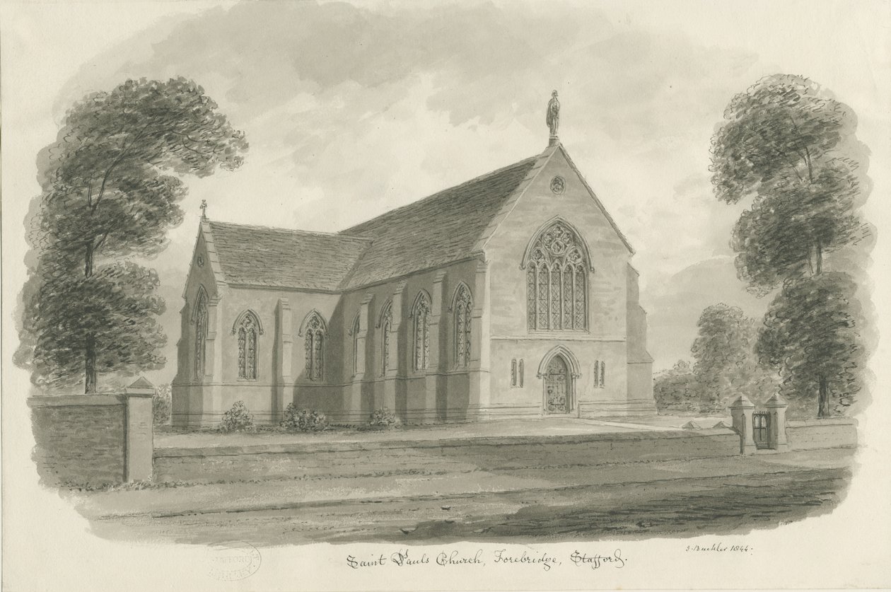 Stafford - Kościół św. Pawła, Przedmost: rysunek w odcieniu sepii, 1844 autorstwa John Buckler
