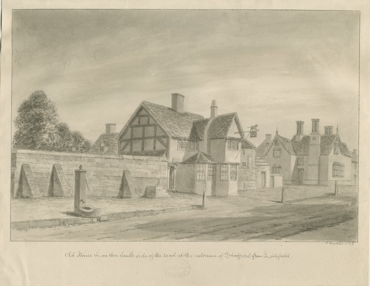 Stafford - [The White Lion Inn]: rysunek w sepii, 1842 autorstwa John Buckler