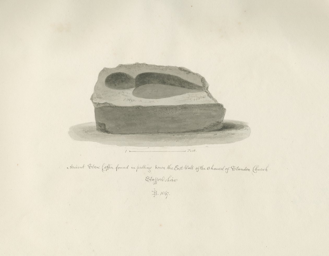 Kościół Standon: Starożytna kamienna trumna: rysunek w sepii, 1847 r. autorstwa John Buckler