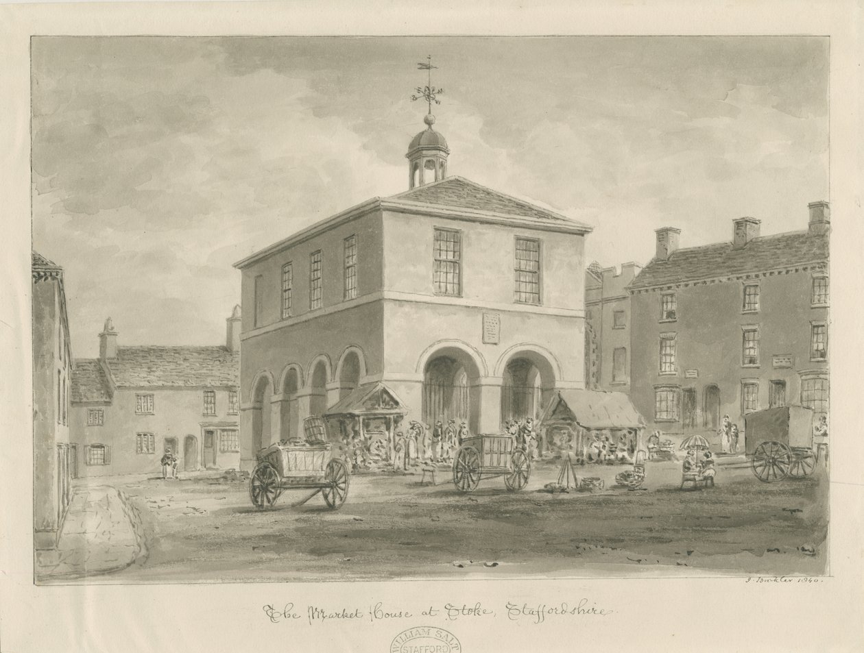 Stoke-upon-Trent - Market House: rysunek w sepii autorstwa John Buckler