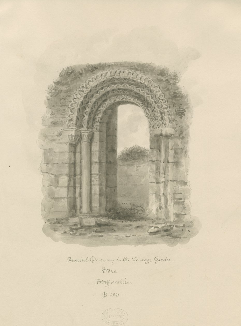 Kamień - Starożytne drzwi w plebanii: rysunek w sepii, 1841 autorstwa John Buckler