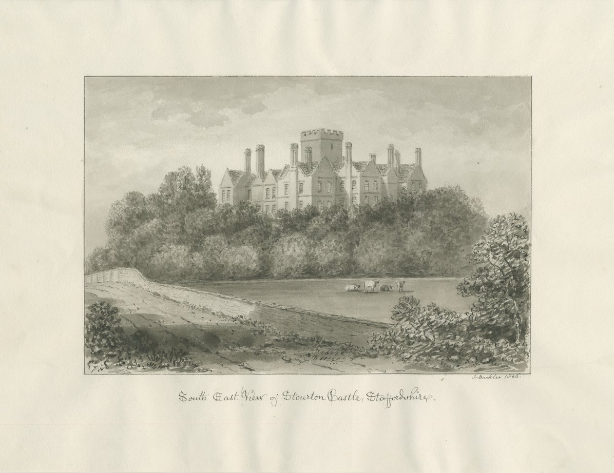Zamek Stourton: rysunek w odcieniu sepii, 1846 autorstwa John Buckler