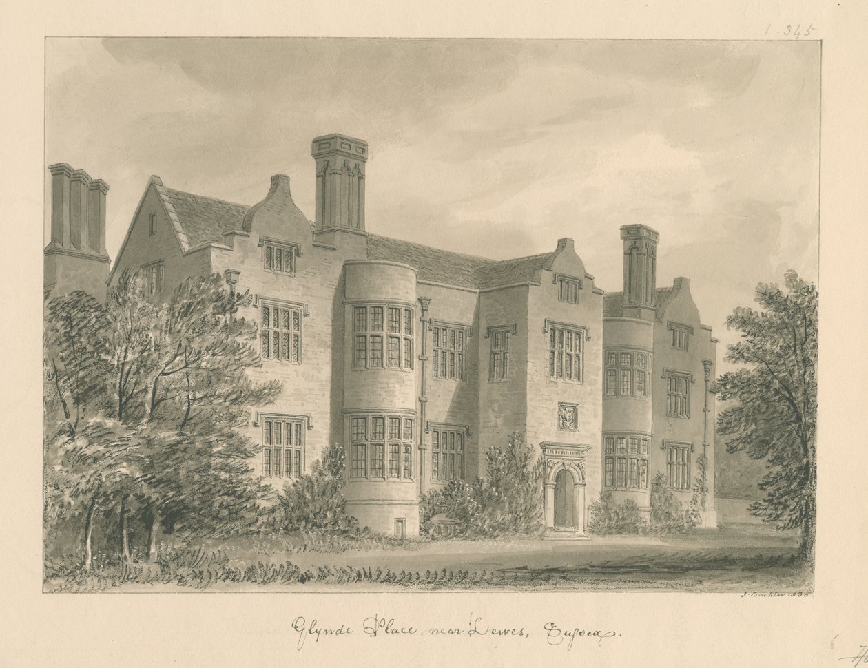 Sussex - Lewes - Glynde Miejsce: rysunek w sepii, 1830 autorstwa John Buckler