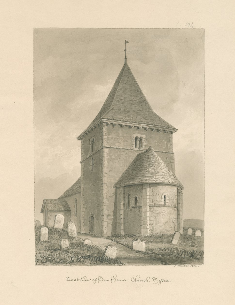Sussex - Kościół Newhaven: rysunek w sepii, 1830 autorstwa John Buckler