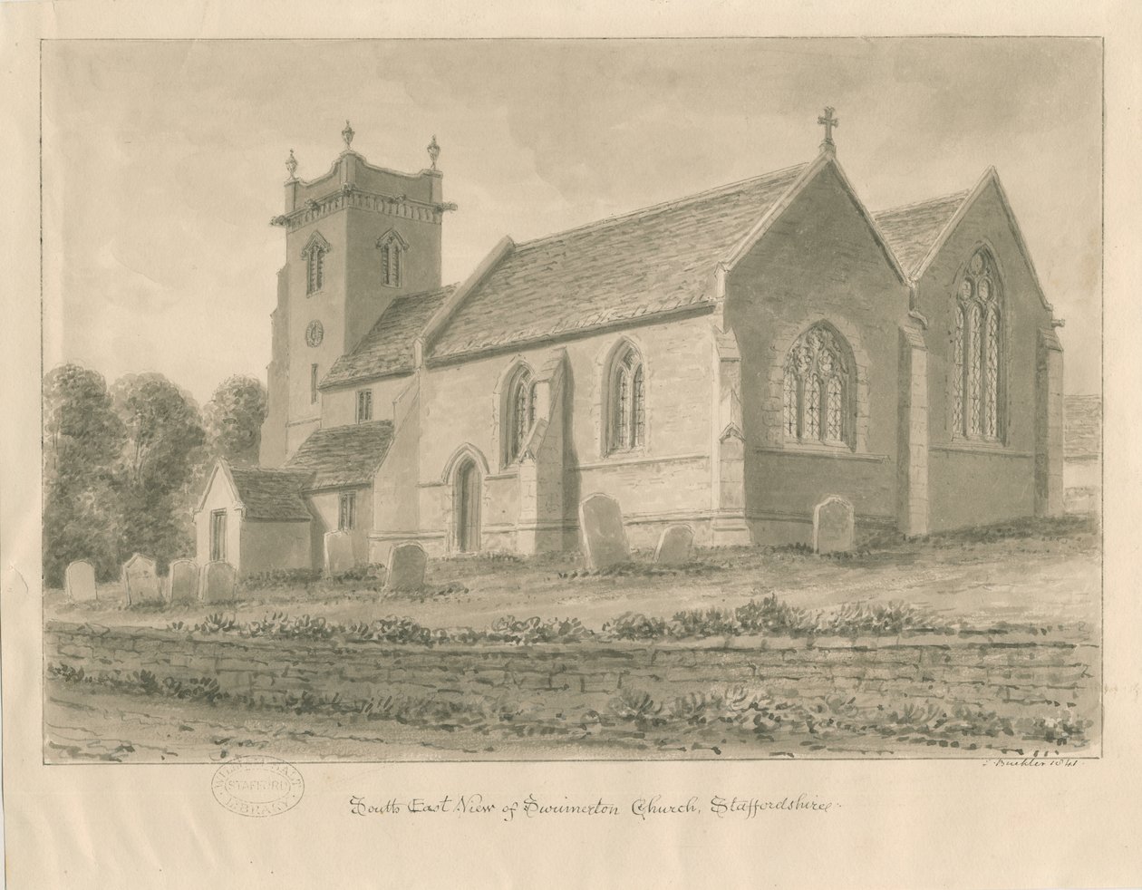 Kościół Swynnerton: rysunek w sepii, 1841 autorstwa John Buckler