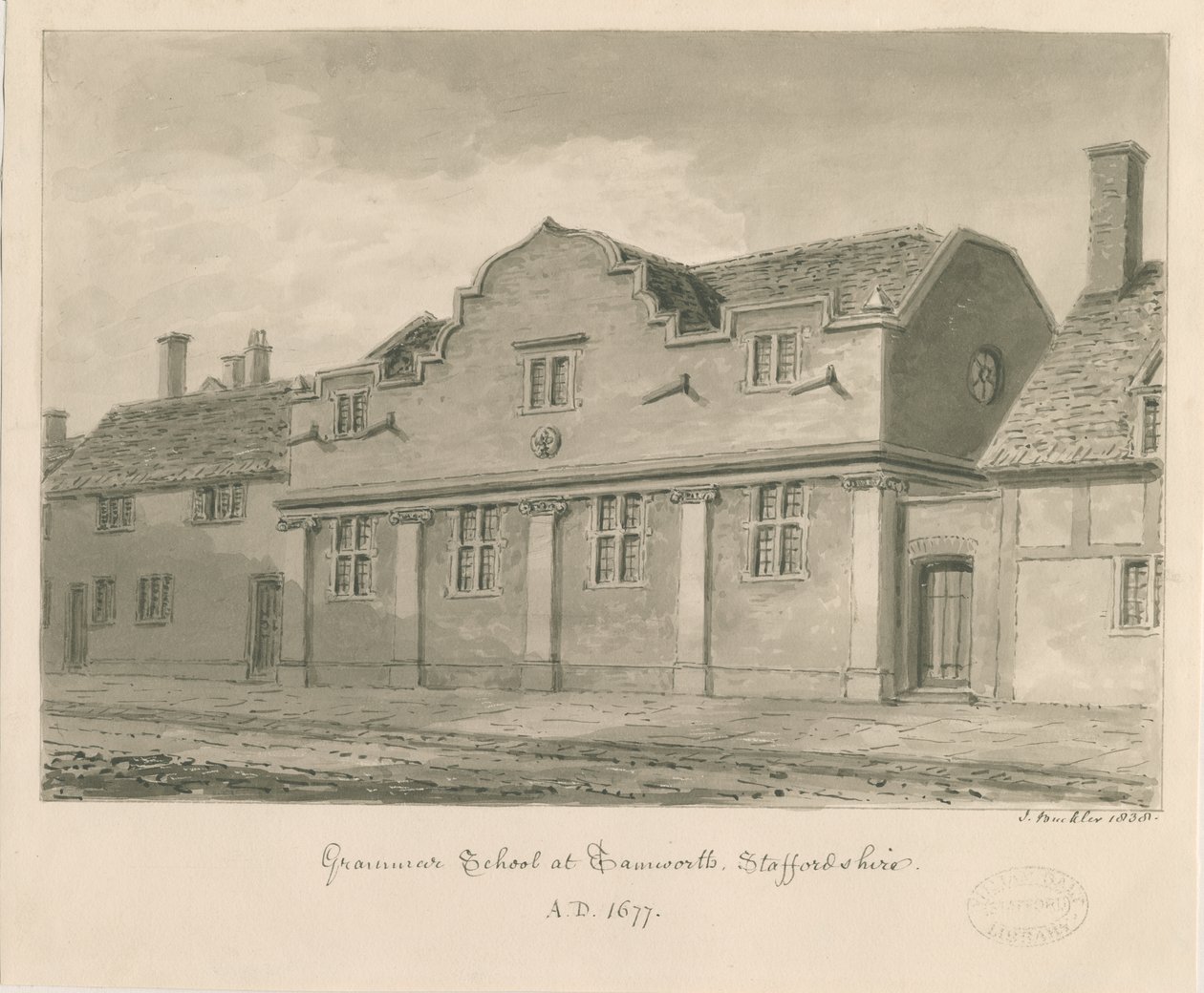Tamworth - Grammar School: rysunek w sepii, 1838 autorstwa John Buckler