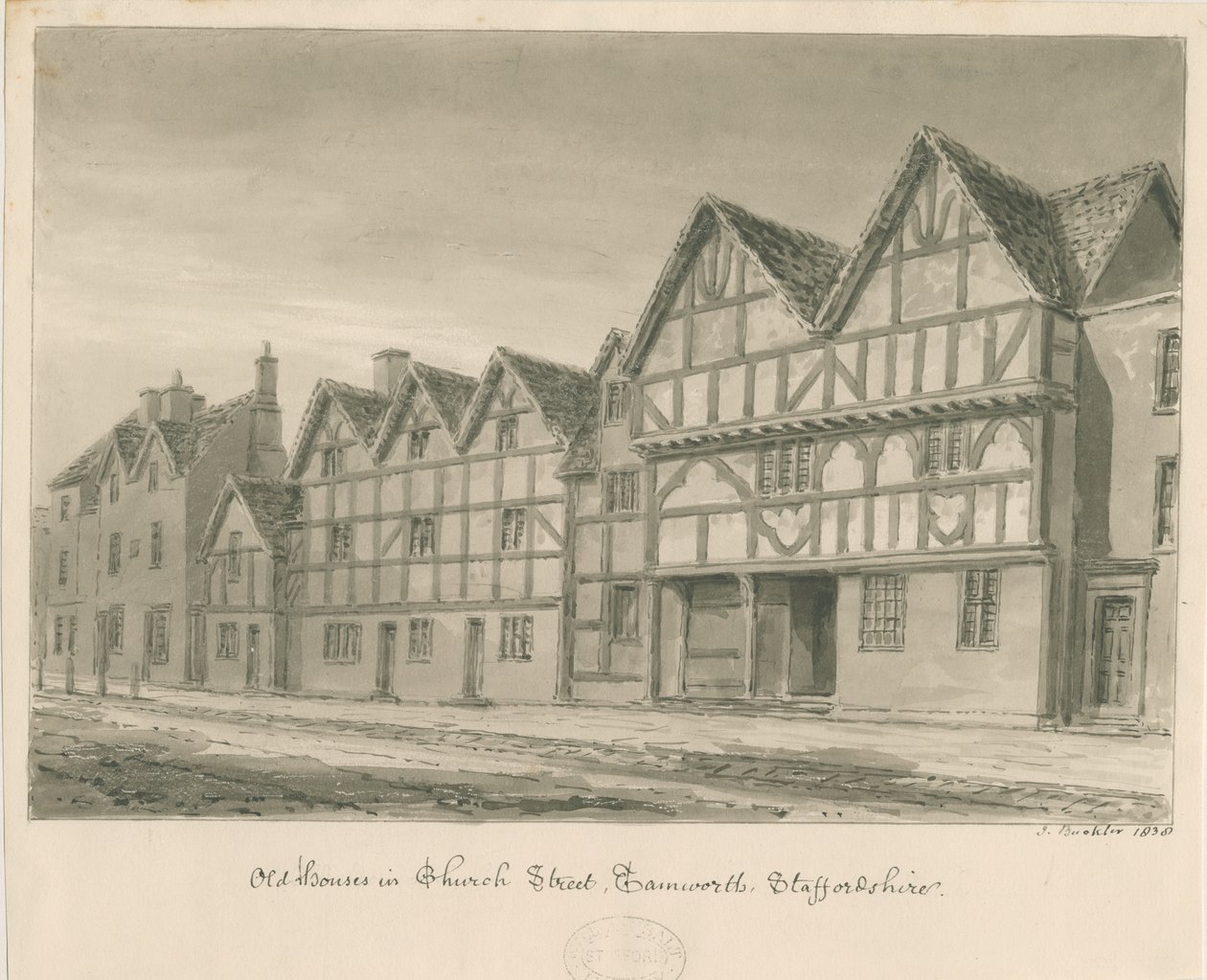 Tamworth - Old Houses in Church Street: rysunek rozmyty w sepii, 1838 r. autorstwa John Buckler