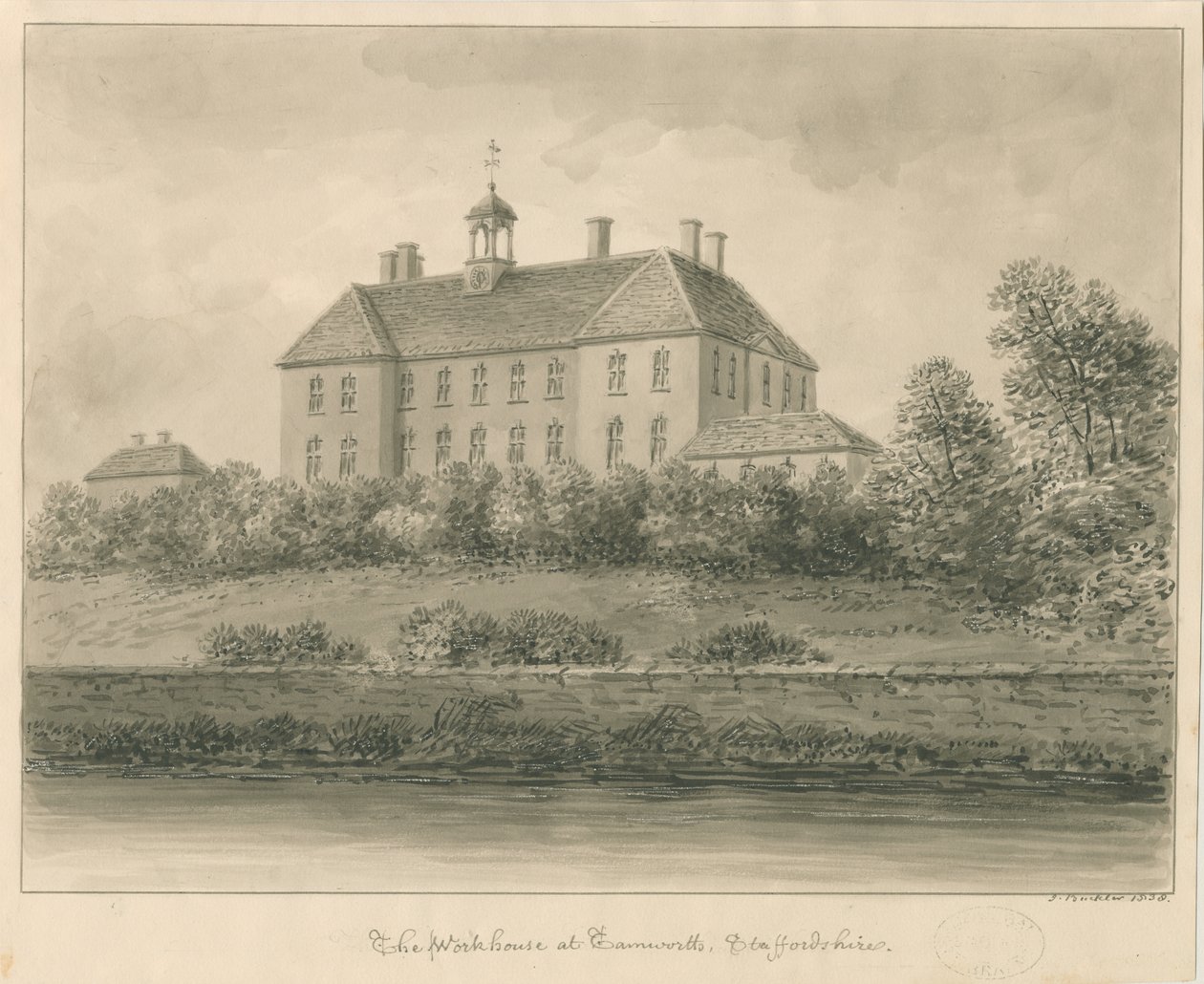 Tamworth - The Workhouse: rysunek w sepii, 1838 autorstwa John Buckler