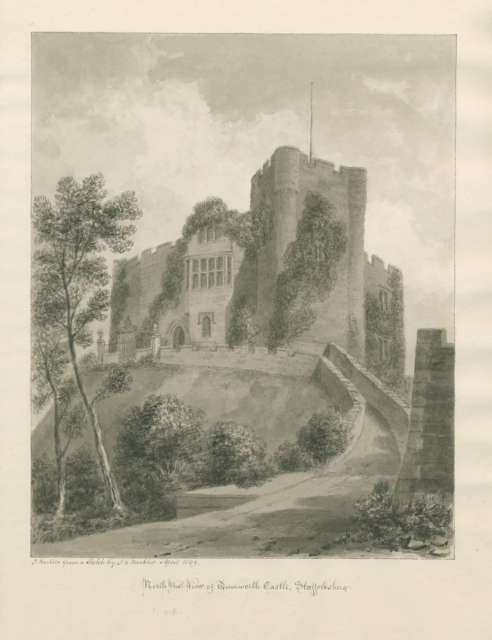 Zamek Tamworth: rysunek w sepii, kwiecień 1849 (rysunek) autorstwa John Buckler