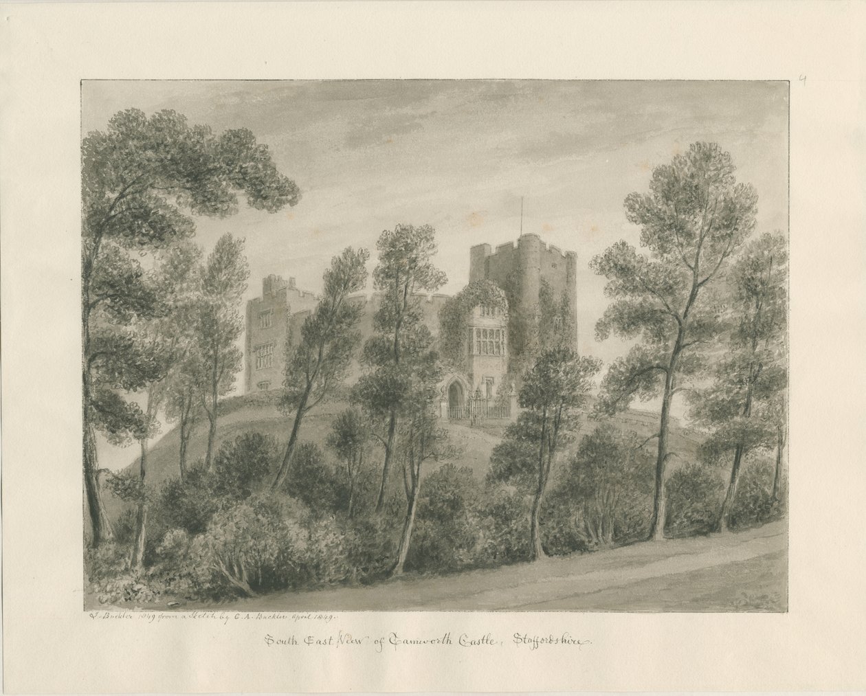 Zamek Tamworth: rysunek w sepii, kwiecień 1849 (rysunek) autorstwa John Buckler