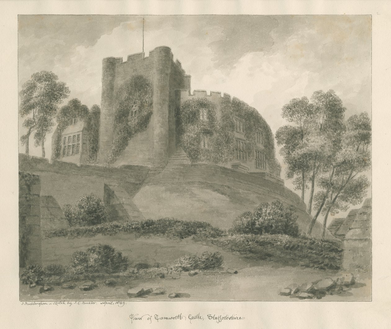 Zamek Tamworth: rysunek w sepii, kwiecień 1849 autorstwa John Buckler