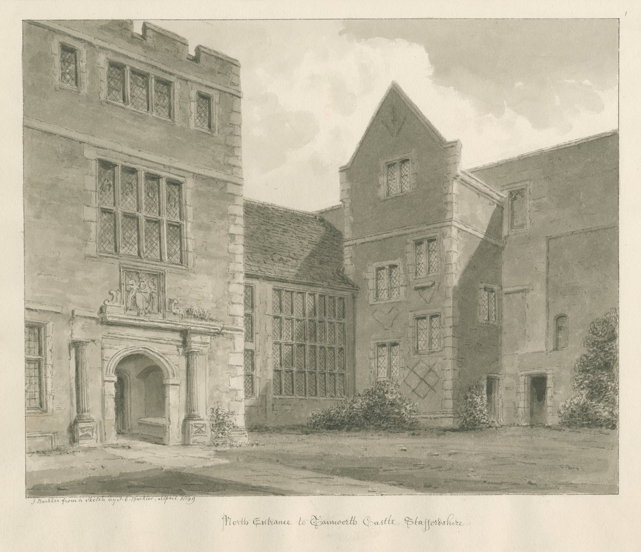 Zamek Tamworth: rysunek w sepii, kwiecień 1849 autorstwa John Buckler