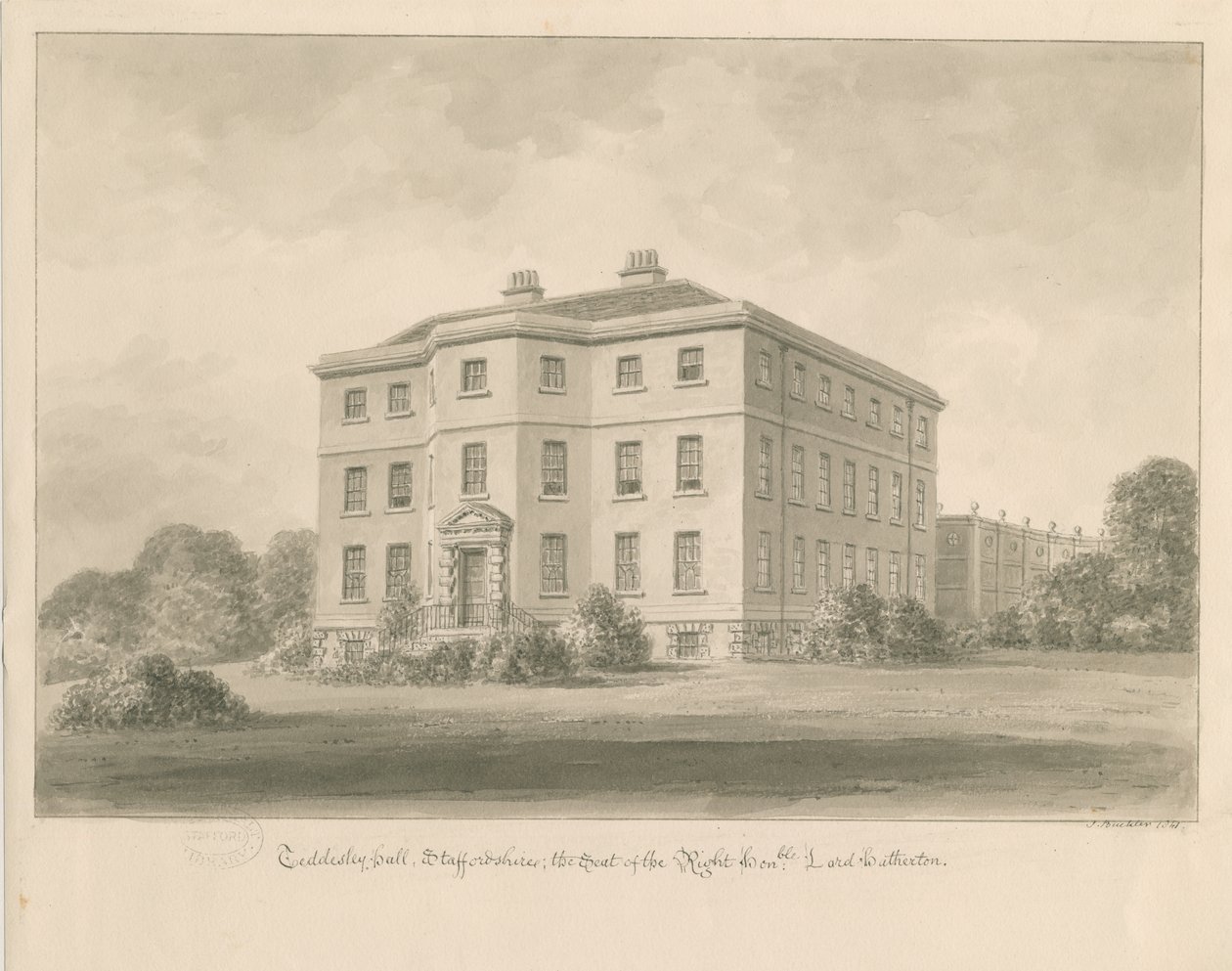 Teddesley Hall: rysunek w sepii, 1841 autorstwa John Buckler
