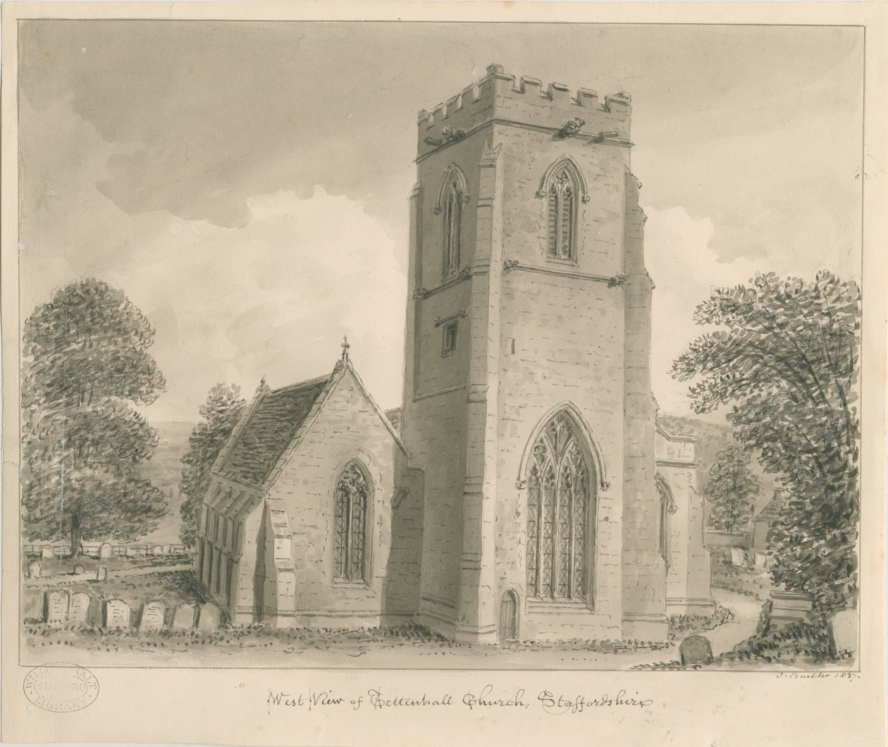 Kościół Tettenhall: rysunek w odcieniu sepii, 1837 autorstwa John Buckler
