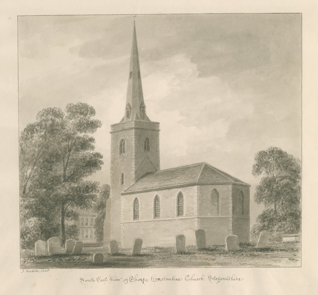 Thorpe Constantine Church: rysunek w kolorze sepii autorstwa John Buckler